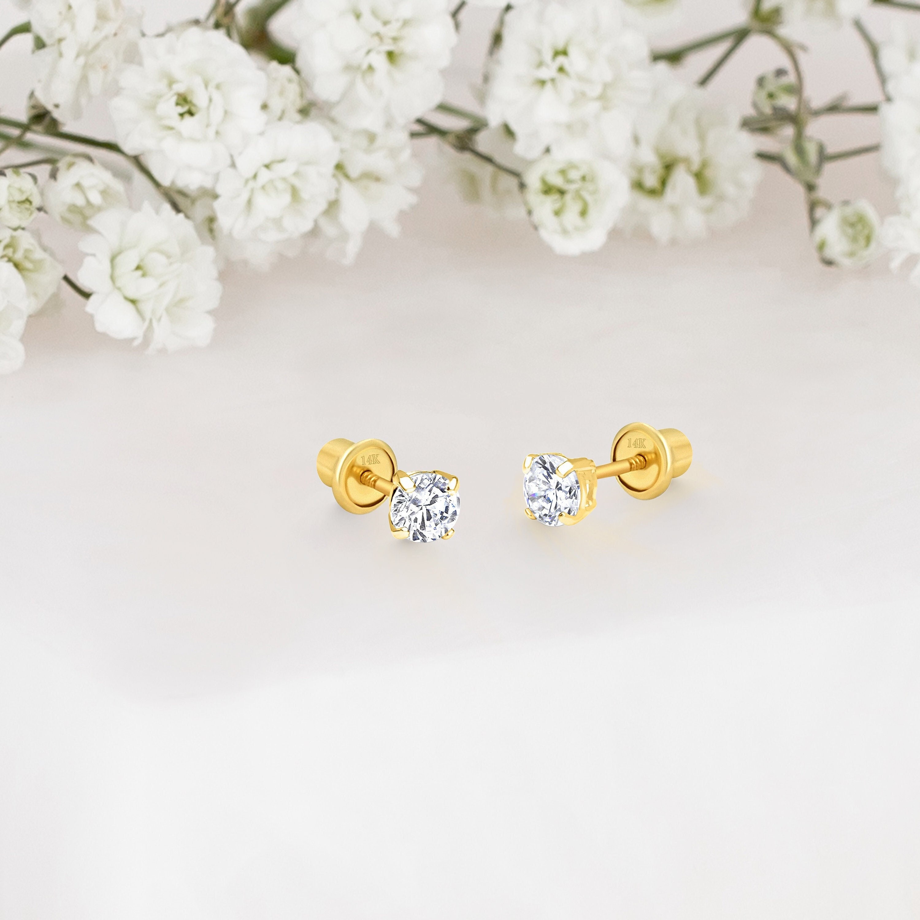 14k Solid Gold Cubic Zirconia Baby Ohrringe: Runde Korb Schraubverschluss Ohrstecker