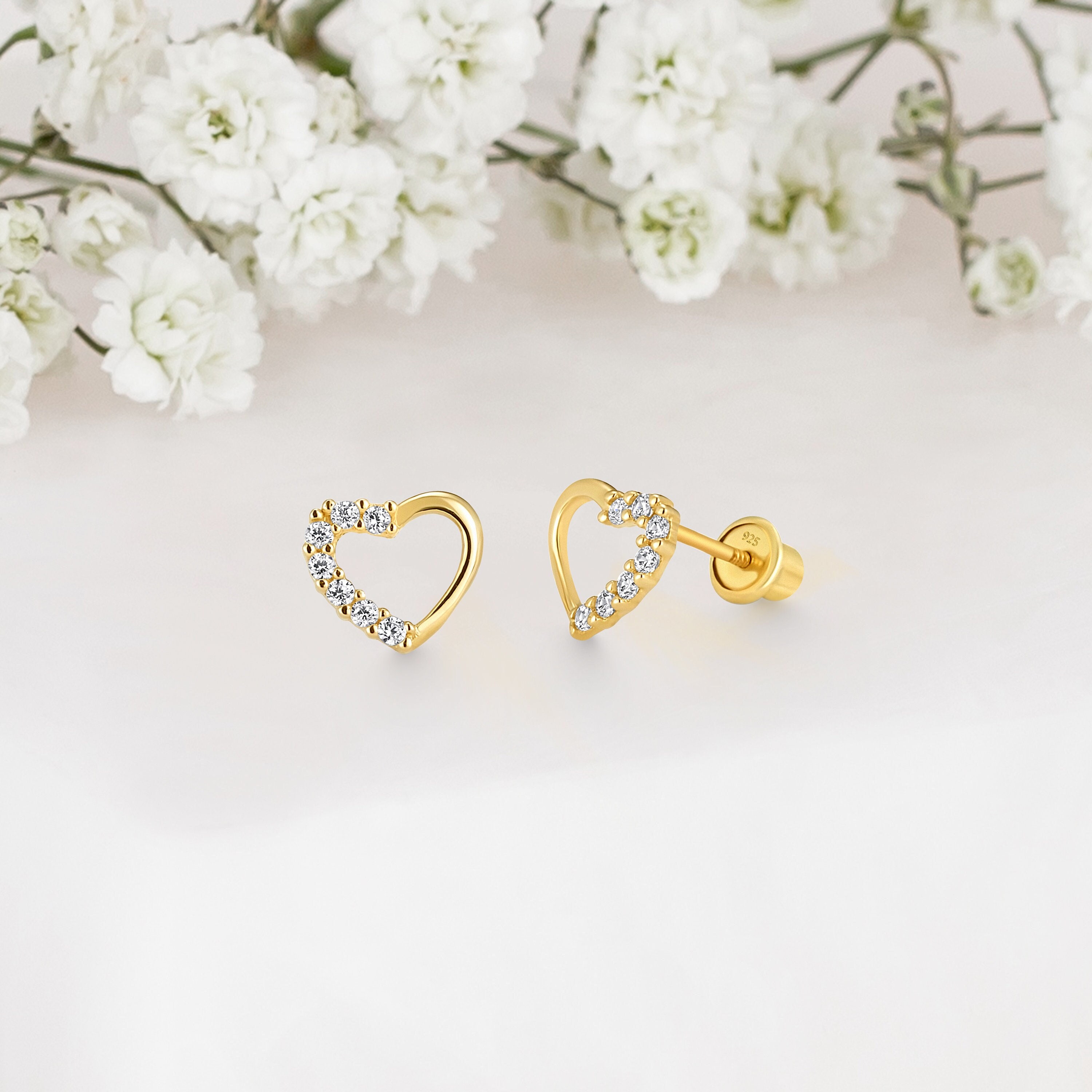 14k Yellow Gold Plated Silver Open Heart Baby Girl Screwback Stud