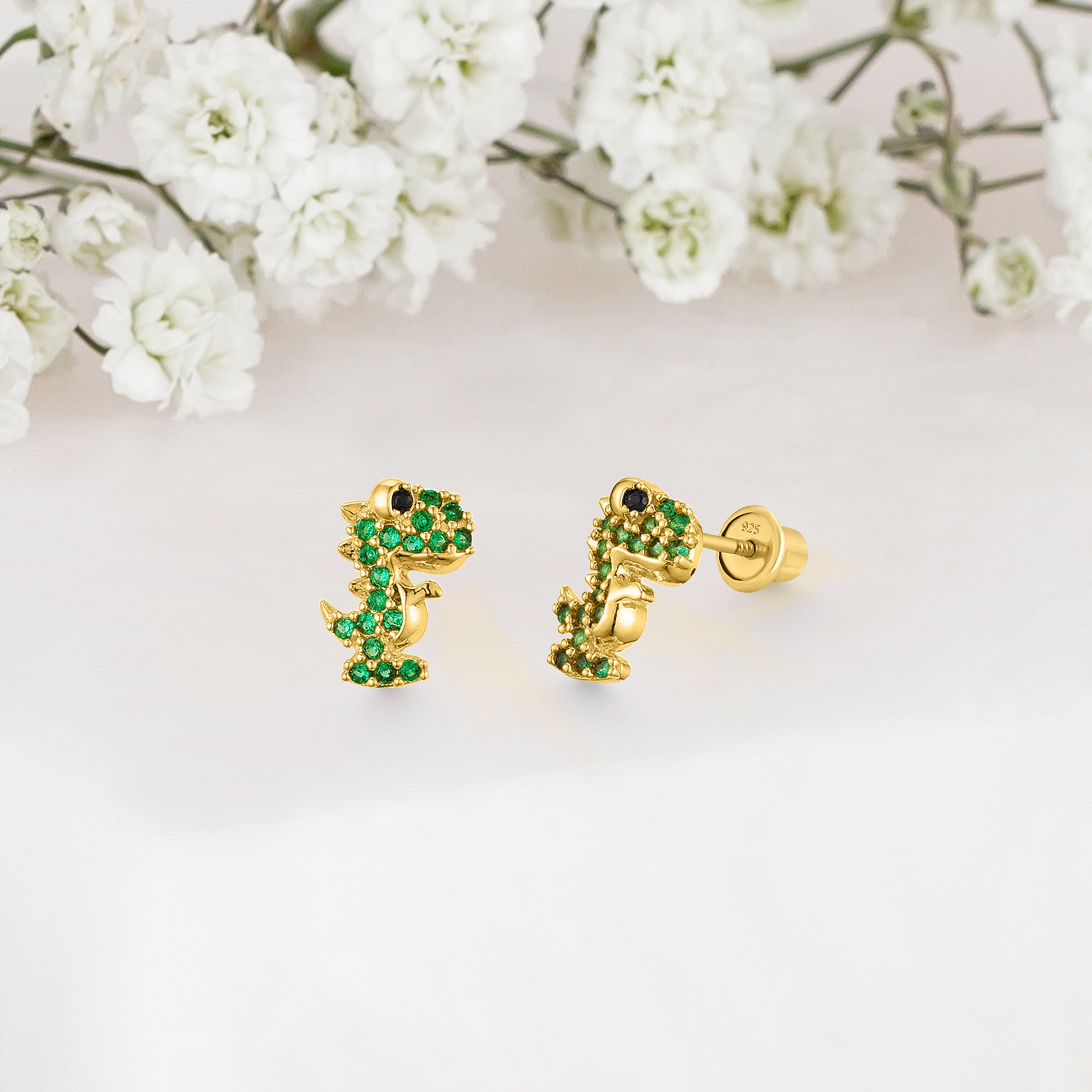14k Yellow Gold Plated Silver Dinosaur Baby Girl Screwback Stud Earrings