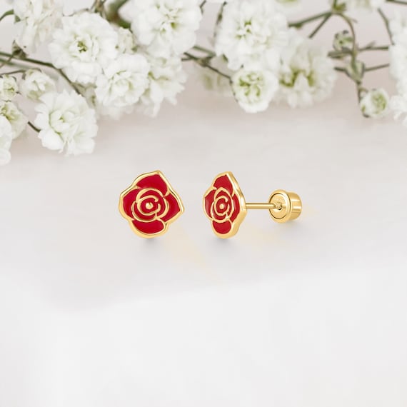 14k Solid Gold Rose Baby Girl Screwback Stud Earrings Etsy Australia