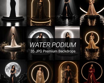 35 Black Water Podium Digital Backdrops with Spotlight Dark Stage Maternity Backdrop for Photoshop Composite White Fine Art Podium JPG