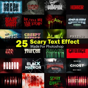 Puede incluir: Una colección de 25 efectos de texto de miedo para Photoshop, con estilos como "Horror", "Vampiro" y "Creepy". Los efectos de texto se muestran sobre un fondo negro, con una variedad de colores y fuentes.