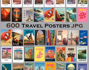 Travel Prints Bundle 600+ Vintage Travel Wall Art City Poster Set, Wanderlust Aesthetic Decor Digital Download Gallery Wall Pack Traveler
