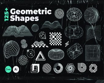 May include: A collection of 125+ geometric shapes in black and white. The shapes are rendered in a wireframe style and include circles, squares, triangles, and other abstract forms. The text "125+ Geometric Shapes" is displayed at the top of the image.