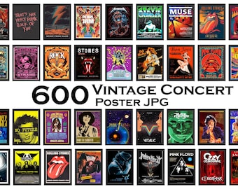 600 Vintage Concert Poster, Retro Band Poster, Classic Rock Posters, Vintage Music Posters, Aesthetic Wall Collage Kit, Rock Musıc Decor