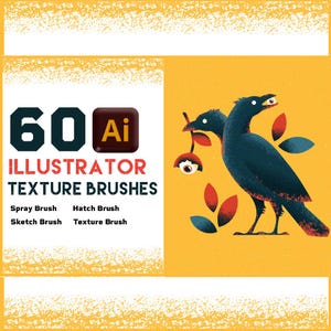 Op de afbeelding: Een digitale afbeelding met de tekst 60 Ai ILLUSTRATOR TEXTURE BRUSHES, Spray Brush, Hatch Brush, Sketch Brush, Texture Brush. Rechts een gestileerde illustratie van een tweekoppige donkerblauwe vogel op een gele achtergrond met rode en blauwe bladeren.