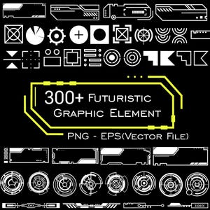Pode incluir: Uma coleção de mais de 300 elementos gráficos futuristas em branco sobre um fundo preto. O design inclui várias formas, linhas e símbolos, com o texto "300+ FUTURISTIC GRAPHIC ELEMENT" num retângulo amarelo. Formatos de arquivo PNG e EPS (ficheiro vetorial).