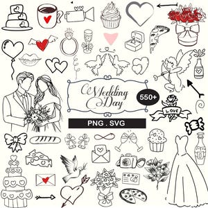 Hand Drawn Whimsical Wedding SVG Clipart Bundle of Illustrations, Icons for Wedding Invitations and Templates, Doodles, Menu, Bridal Invites