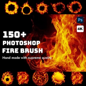 Puede incluir: Un diseño gráfico digital con un fondo negro que presenta llamas naranjas y amarillas. El texto dice "150+ Photoshop Fire Brush" y "Hand made with supreme quality". La imagen también incluye elementos de diseño con temática de fuego.