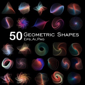 May include: A set of 50 geometric shapes in diverse designs and colours, such as triangles, stars, and spirals. The shapes are rendered with a gradient effect, featuring hues of red, orange, blue, and green, set against a black background. Text reads "50 Geometric Shapes EPS, Ai, PNG."