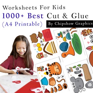 Puede incluir: Un conjunto de hojas de trabajo imprimibles para cortar y pegar para niños con personajes de animales. Las hojas de trabajo incluyen una ardilla, un tigre, un koala y un caracol. El texto "1000+ Best Cut & Glue (A4 Printable) By Chipshow Graphics" es visible en la parte superior de la imagen.
