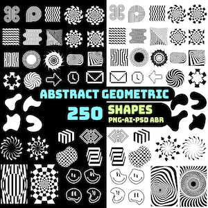 Pode incluir: Um design gráfico a preto e branco com 250 formas geométricas abstratas. A imagem inclui vários padrões, como espirais, ondas e tabuleiros de xadrez, juntamente com o texto "ABSTRACT GEOMETRIC 250 SHAPES".