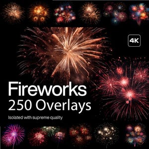 Op de afbeelding: Een verzameling van 250 hoogwaardige, geïsoleerde vuurwerk-overlays in 4K-resolutie. De overlays zijn perfect om een feestelijke touch aan je video's en foto's toe te voegen.