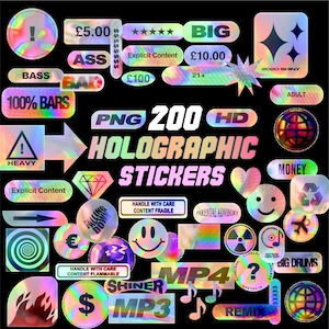 200+ holografische stickers, Y2k png, holografische vormen, trendy stickers, digitale elementen, foto-overlays, transparante png, commercieel gebruik