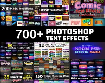 700+ Photoshop-teksteffectenbundel, Photoshop-teksteffect, neoneffect, vintage effecten, 3D-effecten, teksteffecten, holo-effect komische effecten
