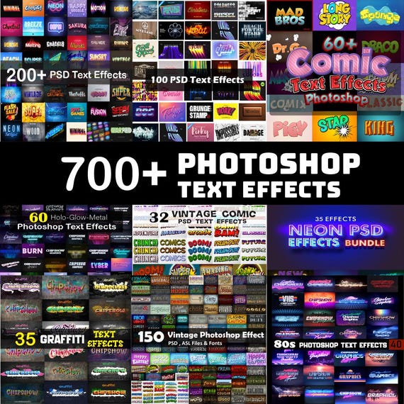 700+ Photoshop Text effects Bundle, Photoshop text effect, neon effect, vintage effects, 3d effects, Text Effects, comic effects holo effect