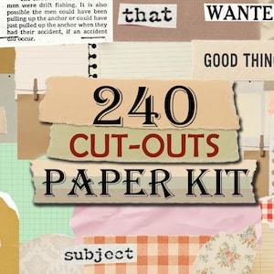 Puede incluir: Un kit de collage digital que incluye 240 recortes de papel con diversas texturas, colores y patrones. El texto central dice 240 CUT-OUTS PAPER KIT, rodeado de varios trozos de papel con frases como BE KIND, WANTED BY THE FBI y who confirm.