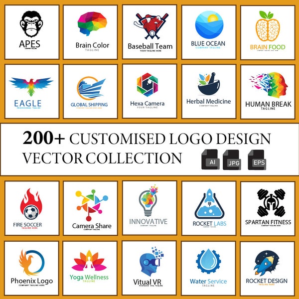 200+ Customised Logo Designs Bundle | Graphic Assets Package | Logo Maker | Vector Files | Premium Collection