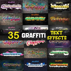 以下が含まれることがあります： 「CHIPSHOW」という単語を様々なカラフルなスタイルとフォントで表現した35種類のグラフィティテキストエフェクト。レンガ、コンクリート、木材など、様々な背景にテキストが配置されています。
