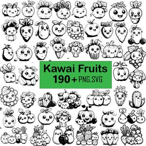Kawaii Fruits SVG Bundle | 190+ Kawai Fruits | Digital Kawaii PNG Bundle | Cute Kawaii Clipart Graphics | Instant Download | Commercial Use