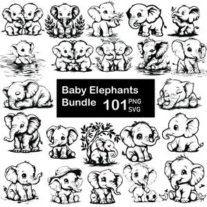 May include: A set of 101 black and white illustrations of baby elephants in various poses. The illustrations are perfect for use in crafting projects, scrapbooking, or digital design.