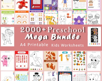 2000+ Preschool Pre-K + Kindergarten Learning Bundle, Activity Worksheets, Alphabet, Numbers, Shapes, Colors, Coloring pages, Do a Dot