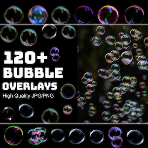 Puede incluir: Imagen que muestra superposiciones de burbujas sobre un fondo negro. La imagen presenta numerosas burbujas iridiscentes de varios tamaños, con el texto "120+ Bubble Overlays" y "High Quality JPG/PNG". Las burbujas tienen una calidad colorida y reflectante.