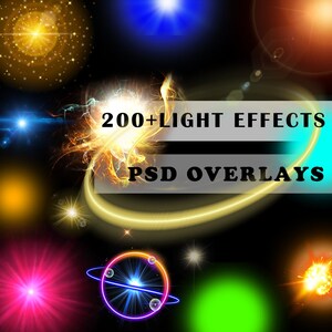 Puede incluir: Una colección de más de 200 efectos de luz en formato PSD. La imagen muestra una variedad de efectos de luz coloridos, incluyendo estrellas, orbes y rayas de luz.