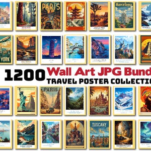 May include: A collection of travel posters featuring various destinations like Paris, New York, and Santorini. The posters have a vintage aesthetic with vibrant colors and depict landmarks and cityscapes. The text "1200 Wall Art JPG Bundle TRAVEL POSTER COLLECTION" is also visible.
