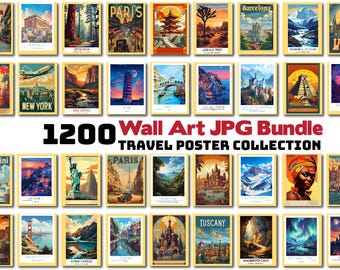 Travel Prints Bundle 1200+ Vintage Travel Wall Art City Poster Set, Wanderlust Aesthetic Decor Digital Download Gallery Wall Pack Traveler