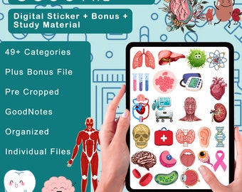 May include: A digital tablet displaying a collection of 3600 colorful medical illustrations, including organs, bones, and other anatomical features. The tablet is being held by a person's hands. The text "3600 PNG" is displayed at the top of the image. The text "Digital Sticker + Bonus + Study Material" is displayed below the text "3600 PNG". The text "49+ Categories", "Plus Bonus File", "Pre Cropped", "GoodNotes", "Organized", and "Individual Files" is displayed below the text "Digital Sticker + Bonus + Study Material".