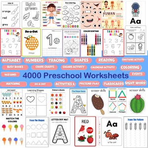 May include: A collection of 4,000 preschool worksheets for kids. The worksheets cover a variety of topics, including alphabet, numbers, tracing, shapes, reading, emotions, coloring, events, activities, pretend play, flashcards, and sight words. The worksheets are colorful and engaging, and they are perfect for helping preschoolers learn and grow.