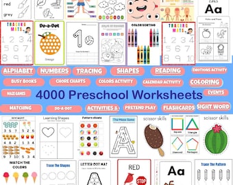 4000 Preschool Learning Worksheets Bundle: Toddler Activities pdf Activity , Alphabet, Numbers, Shapes, Colors, Coloring pages, Do a Dot