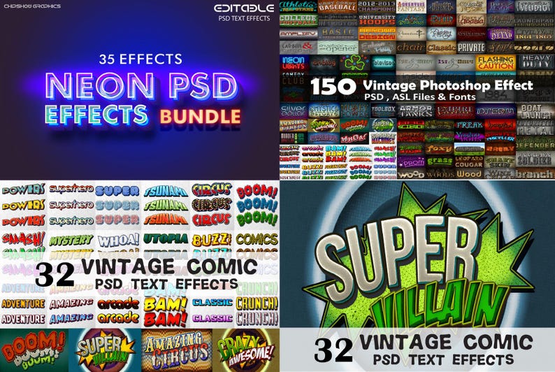 700+ Photoshop Text effects Bundle, Photoshop text effect, neon effect, vintage effects, 3 effects, Text Effects, comic effects, holo effect