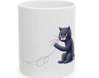 Taza de gato, taza de café de gato, taza de gato gris, gato con bola de hilo, regalo de amante de los gatos, regalo lindo del gato, regalo del dueño del gato, taza de juego del gato, taza de gato única
