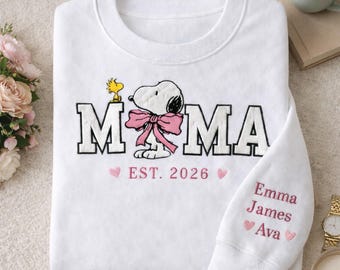 Snoopy Mama Embroidered Sweatshirt, Peanuts Mom Shirt with Woodstock, Custom Mama EST 2026 Hoodie, Mother's Day Gift