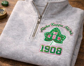 Sudadera vintage Alpha Kappa Alpha con cremallera hasta el cuello bordada, sudadera vintage AKA 1908 rosa y verde con estampado de hojas de hiedra, ropa de fraternidad, regalo para el Día de la Madre