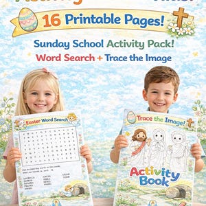 May include: A Christian Easter Activity Pack for Kids! features 16 printable pages. The pack includes a word search and trace the image activities. The cover has an Easter egg and cross design. Two children are holding the activity books.
