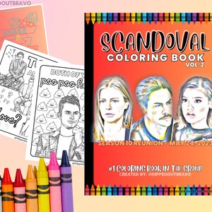 以下が含まれることがあります： 赤い背景に白い文字で「SCANDOVAL COLORING BOOK VOL. 2」と書かれた塗り絵本の表紙。表紙には、3人の人物の白黒のイラストが描かれており、イラストの下には「SEASON 10 REUNION - MAY 24, 2023」という文字が書かれている。表紙の下部には、白い文字で「#1 COLORING BOOK IN THE GROUP CREATED BY: @DIPPEDOUTBRAVO」と書かれている。