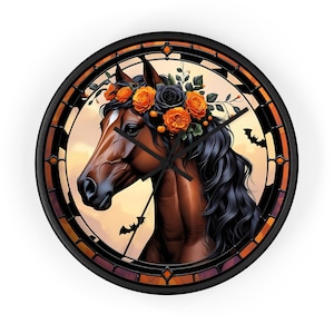 Paardenklok, Halloween-paardenklok, glas-in-loodklok, paardcadeau, interieurdecoratie paardensport voor paardenliefhebber, decor voor thuis en op kantoor, paardenklok