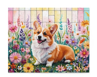 Corgi Puzzle | 120, 252, 500 Piece, Stained Glass Puzzle, Corgi Lover Gift, Wildflower dog puzzle, gift for corgi lover, corgi owner gift