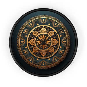 May include: A black and gold clock with a decorative mandala design. The clock face is surrounded by a gold border with intricate details.