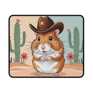May include: A cartoon hamster wearing a brown cowboy hat with a gold star on it. The hamster is standing in a desert scene with two green cacti and pink flowers.