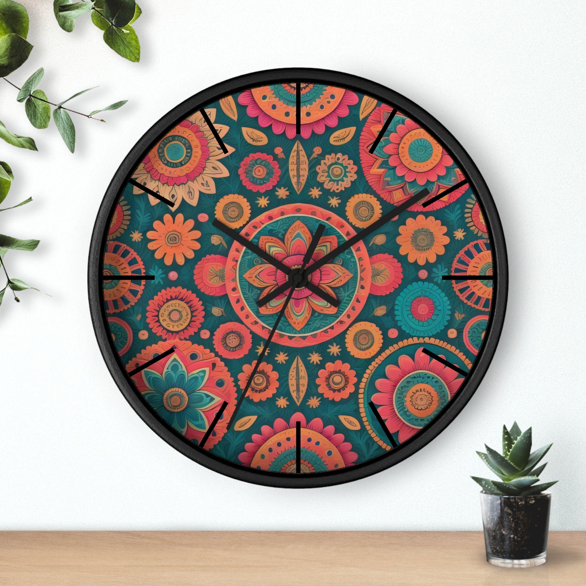 Boho Mandala Wall Clock, Retro Wall Clock, Black, Turquoise, Bohemian ...