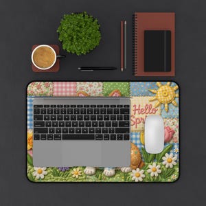 Corgi Hello Spring patchwork illustration Desk Mat, Corgi Desk Mat, Spring Home Decor, Gift for Corgi Lover, Cute Dog Office Decor image 2