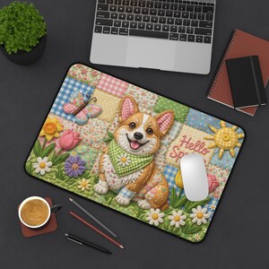 Corgi Hello Spring patchwork illustration Desk Mat, Corgi Desk Mat, Spring Home Decor, Gift for Corgi Lover, Cute Dog Office Decor image 3