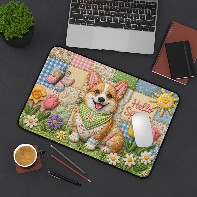 Corgi Hello Spring patchwork illustration Desk Mat, Corgi Desk Mat, Spring Home Decor, Gift for Corgi Lover, Cute Dog Office Decor image 3