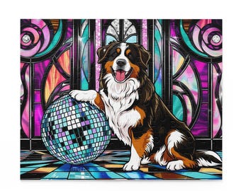 Könnte beinhalten: Ein Puzzlespiel mit einem Hund mit braunem, schwarzem und weißem Fell, der sich auf einer Discokugel abstützt. Der Hintergrund ist ein Buntglasfenster mit leuchtenden Farben. Ein lustiges Puzzle für Hundefreunde.