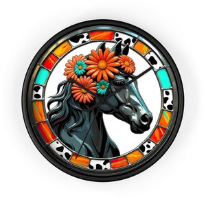 Boho Blumenpferd Wanduhr, rustikale Wohnkultur Uhr, Geschenk für Pferdeliebhaber, Pferde Wohndekor, Glasmalerei Bauernhaus Wanddekoration