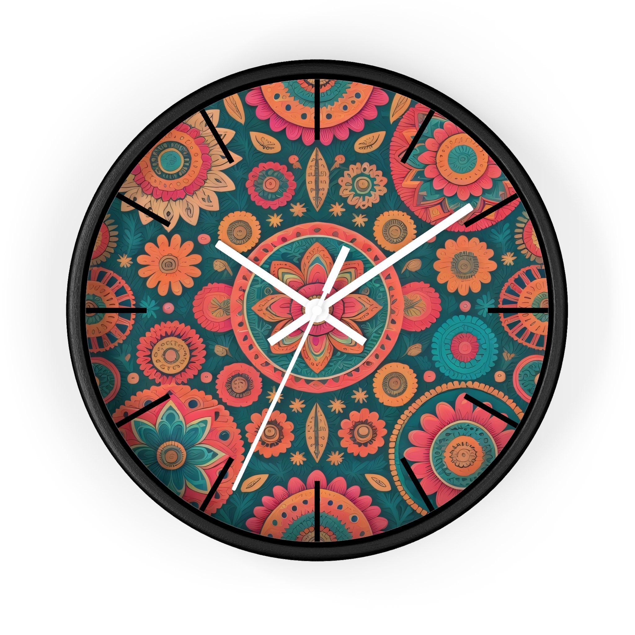 Boho Mandala Wall Clock, Retro Wall Clock, Black, Turquoise, Bohemian ...